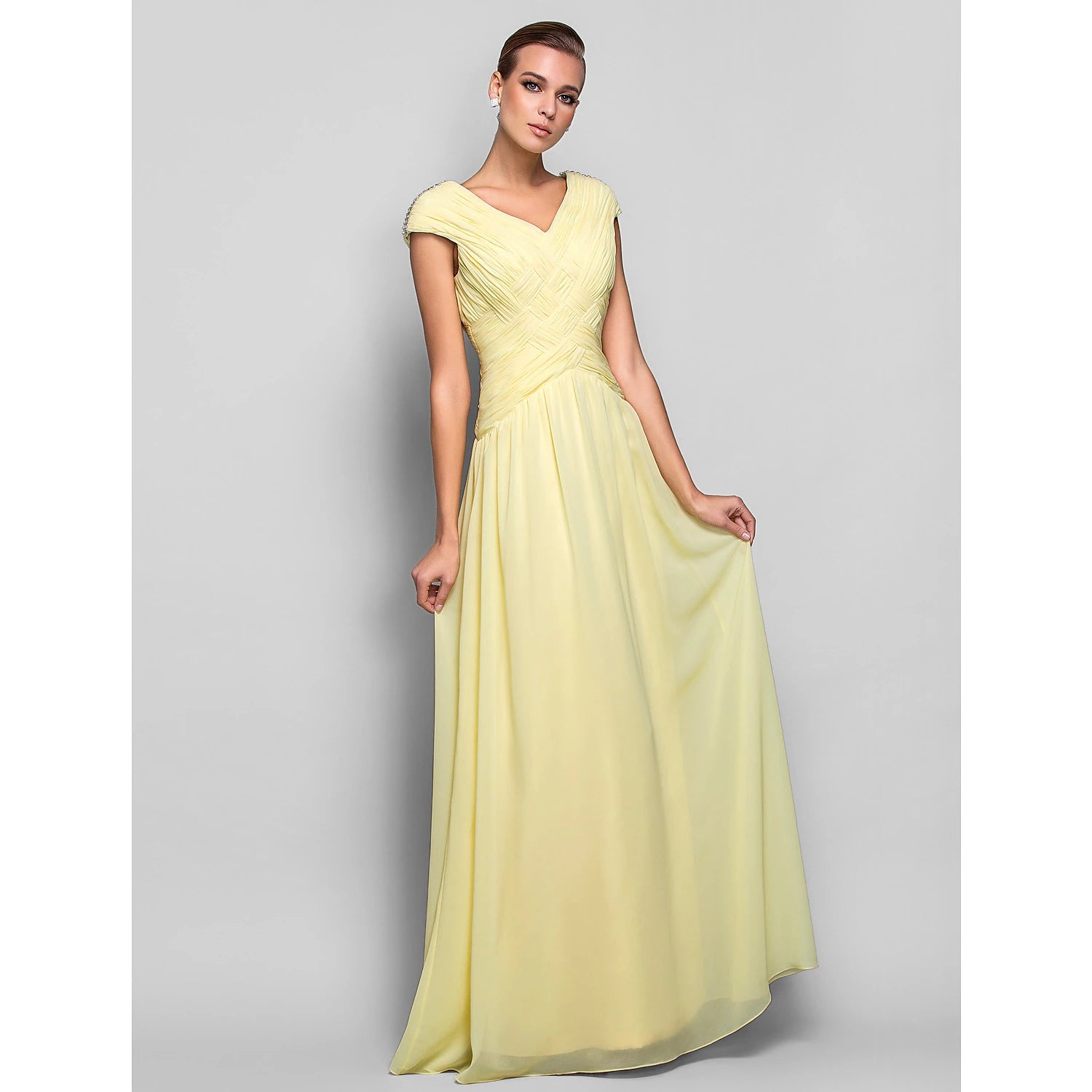 Sheath / Column Elegant Prom Formal Evening Military Ball Dress V Neck Short Sleeve Floor Length Chiffon with Criss Cross Crystals