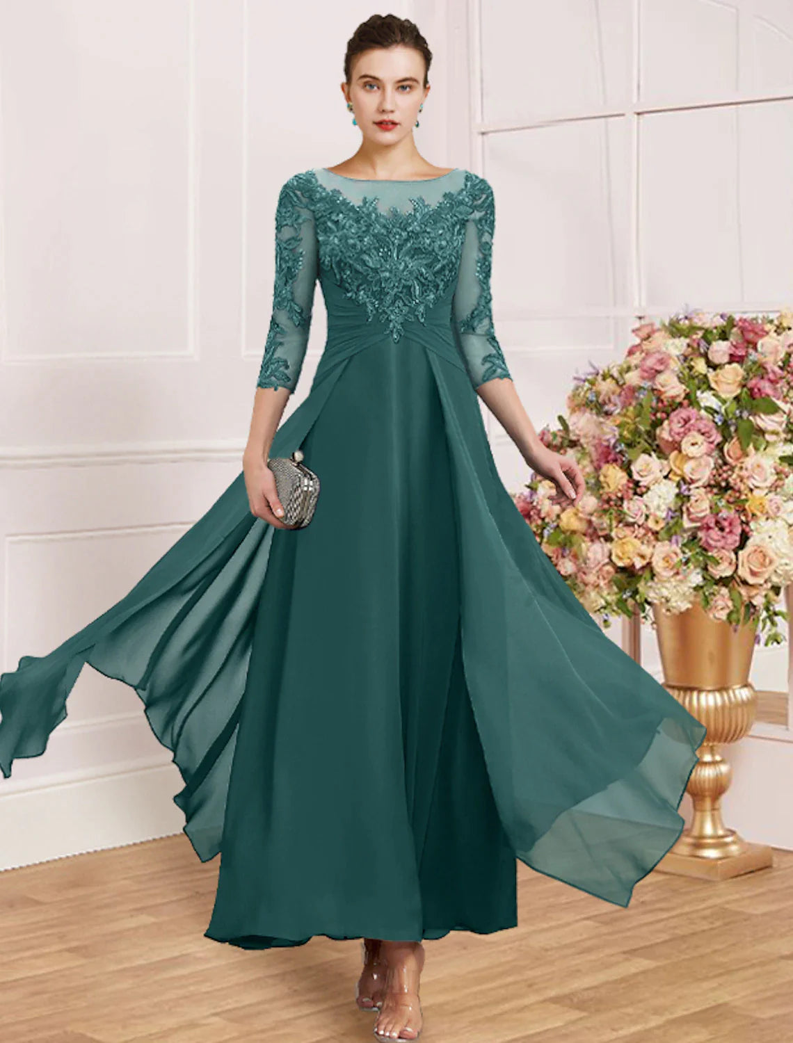 Sheath / Column Mother of the Bride Dress Wedding Guest Elegant Simple Jewel Neck Ankle Length Chiffon Lace 3/4 Length Sleeve with Pleats Sequin