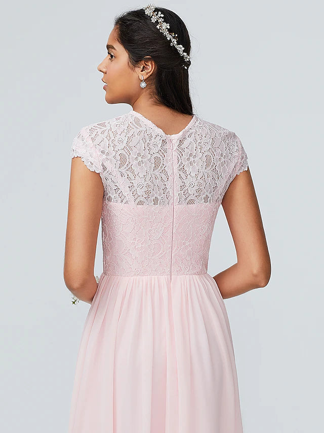 A-Linie Brautjungfernkleid mit Rundhalsausschnitt, ärmellos, elegant, bodenlang, Chiffon mit Spitze, 2022 / Sparkle &amp; Shine