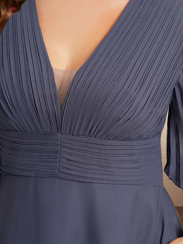 A-Line Plus Size Curve Mother of the Bride Dresses Elegant Dress Formal Tea Length Half Sleeve V Neck Chiffon with Pleats Ruched