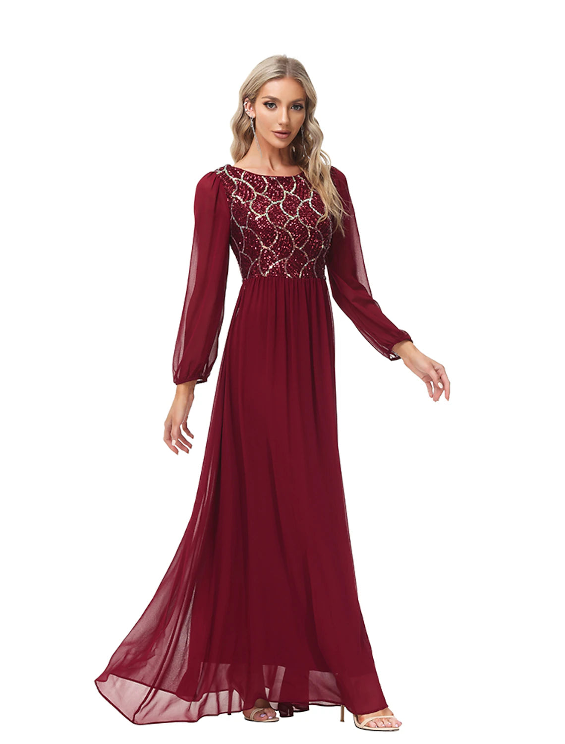 A-Line Evening Gown Empire Dress Party Wear Floor Length Long Sleeve Jewel Neck Chiffon V Back with Sequin Splicing