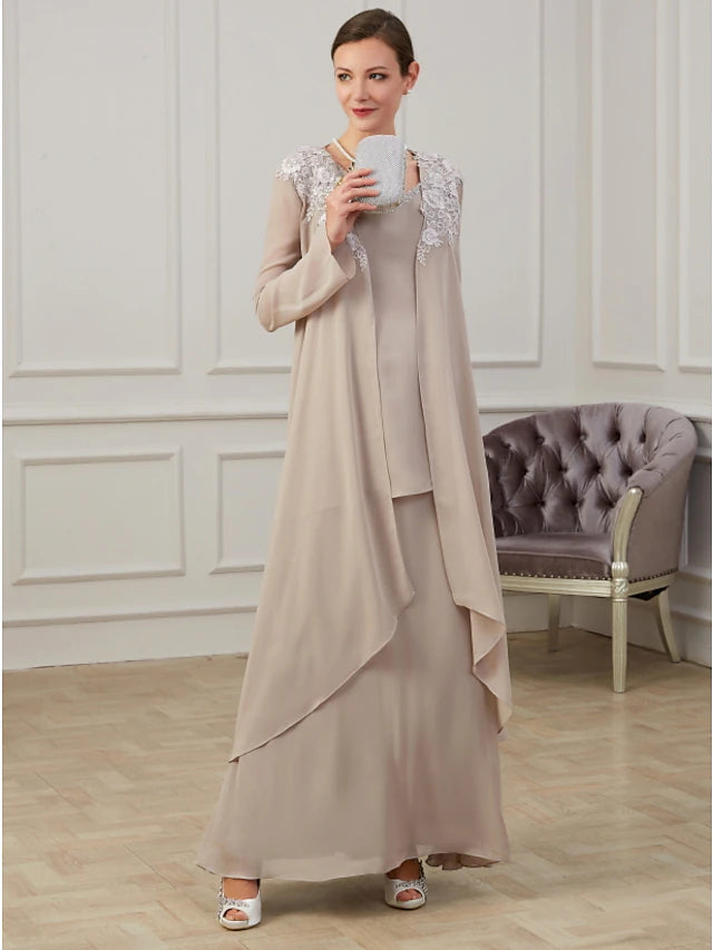A-Line Mother of the Bride Dress Elegant Jewel Neck Floor Length Chiffon Long Sleeve Jacket Dresses with Appliques