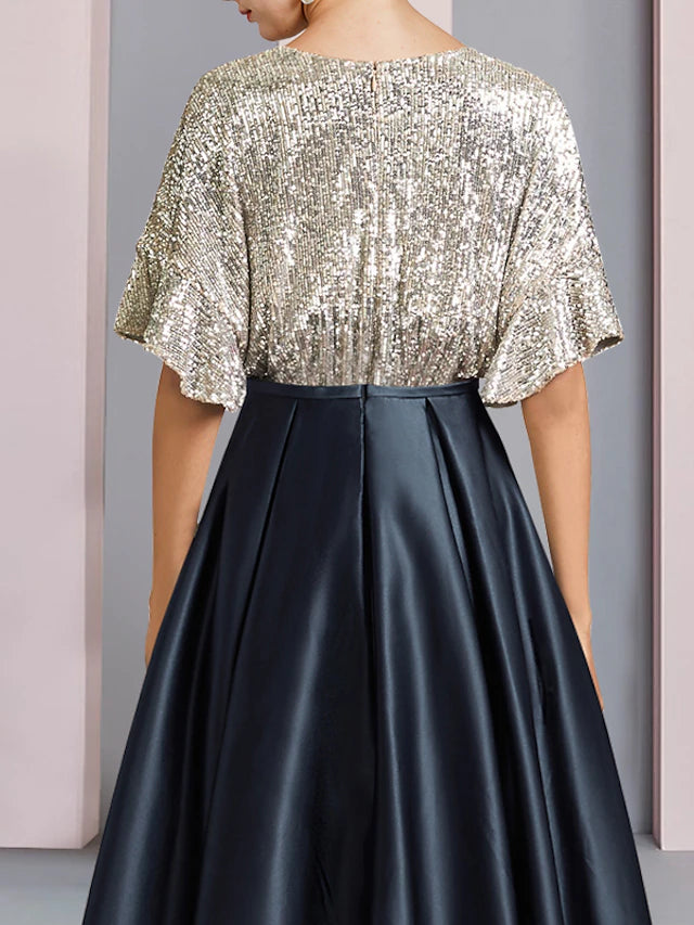A-Line Mother of the Bride Dress Wedding Guest Elegant Sparkle & Shine High Low V Neck Asymmetrical Tea Length Satin Sequined Short Sleeve with Pleats
