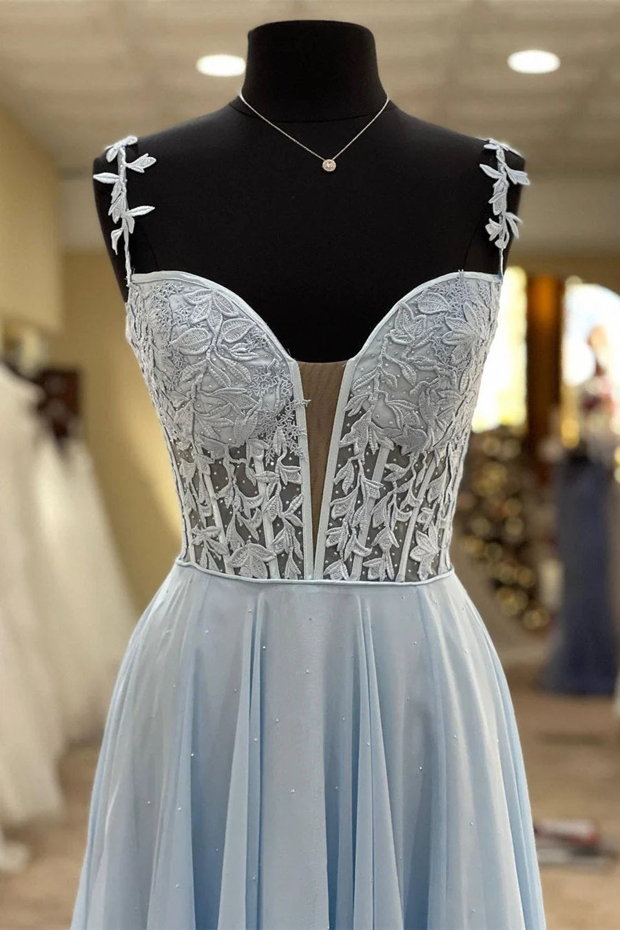 A Line Lace Bodice Beaded Long Formal Dresses Prom Dress