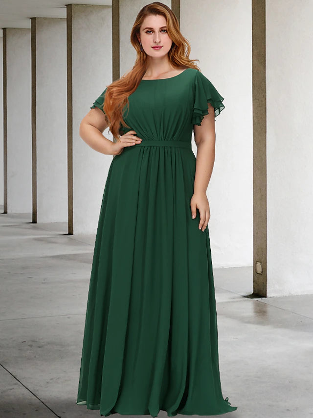A-Line Plus Size Curve Mother of the Bride Dresses Elegant Dress Formal Floor Length Short Sleeve Jewel Neck Chiffon with Pleats