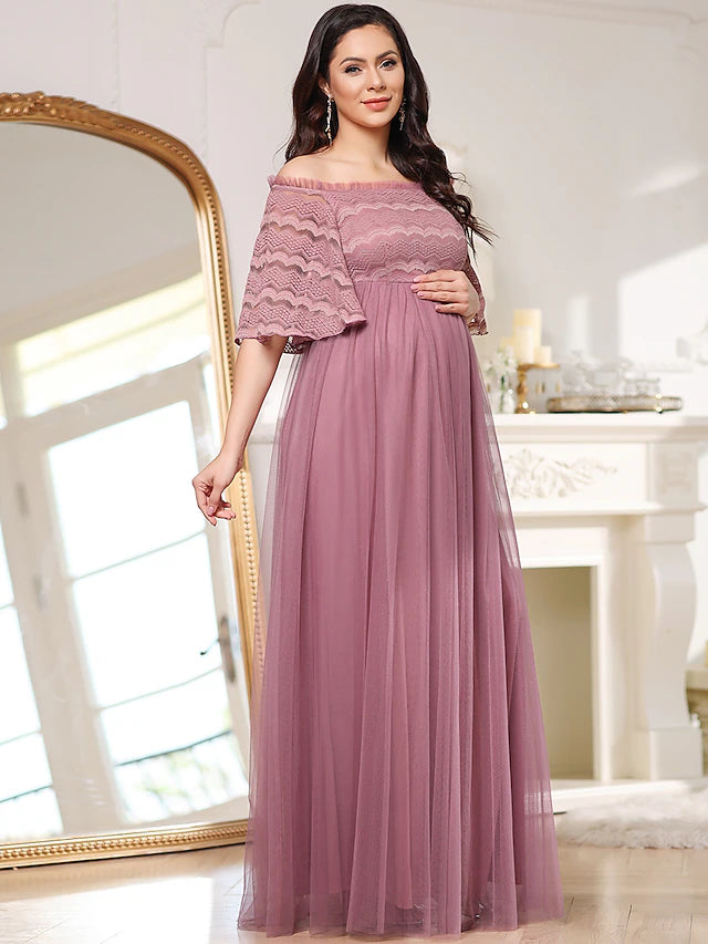 A-Line Mother of the Bride Dress Maternity Elegant Off Shoulder Floor Length Lace Tulle Sleeveless with Tier