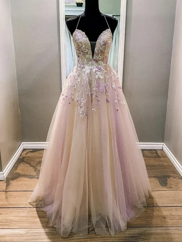 A Line V Neck Backless Lace Floral Long Prom Dresses