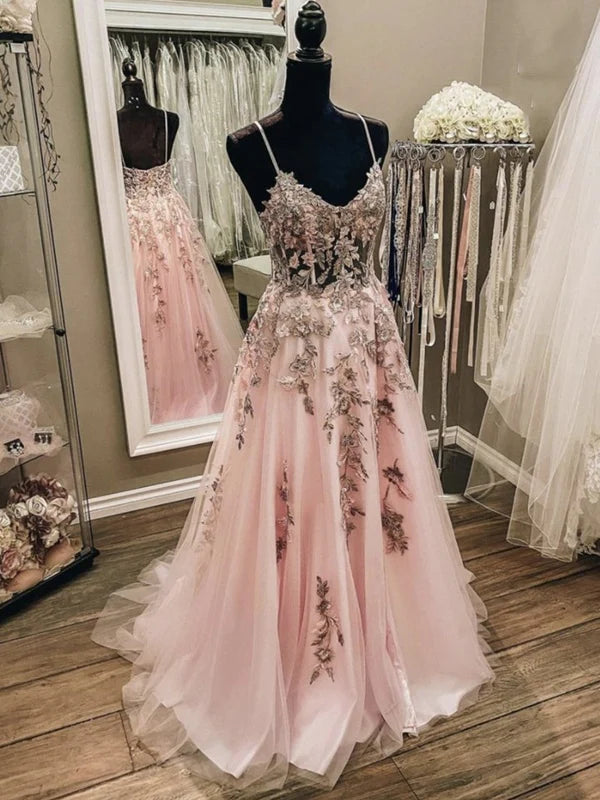 A Line V Neck Backless Lace Floral Long Prom Dresses