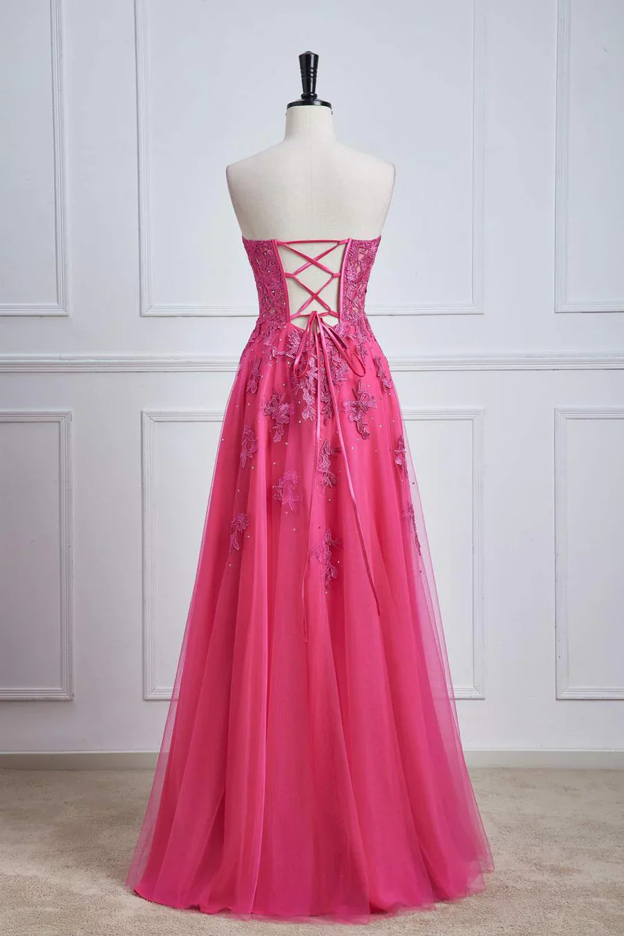 A-line Floral Formal Wear Strapless Prom Dresses With Slit