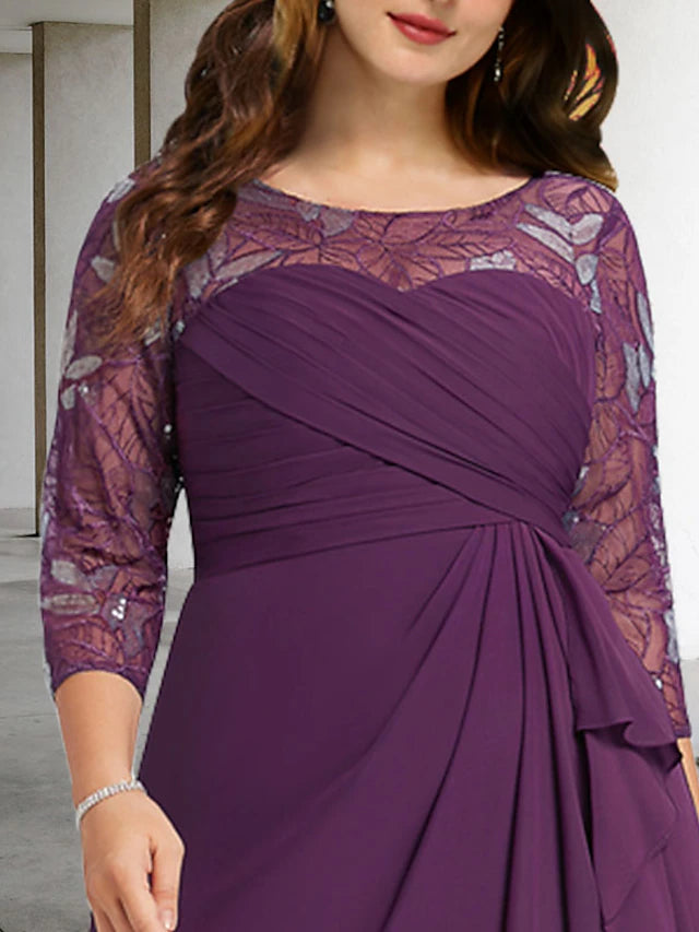 Sheath / Column Plus Size Curve Mother of the Bride Dresses Elegant Dress Formal Knee Length 3/4 Length Sleeve Jewel Neck Chiffon with Pleats Ruched Sequin