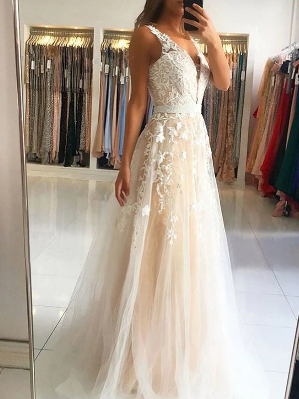 A Line V Neck Lace Long Prom Dresses