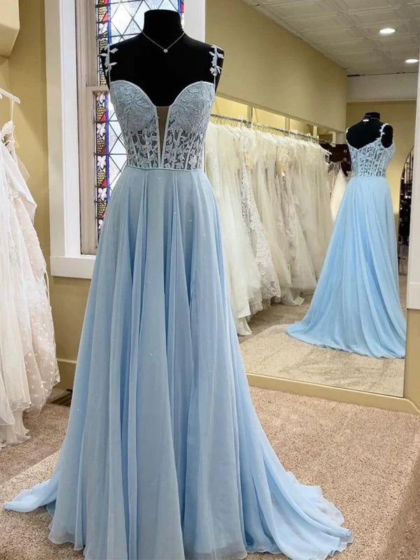 Elegant V Neck Lace Chiffon Long Prom Dresses with Slit