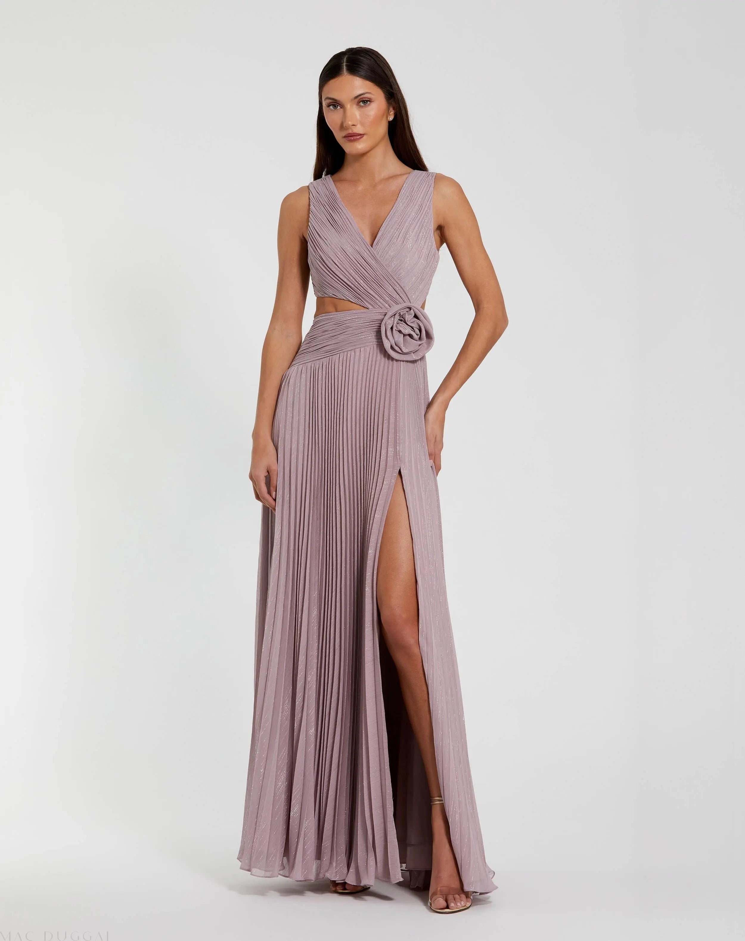 V neck cutout pleated floral slit prom gown