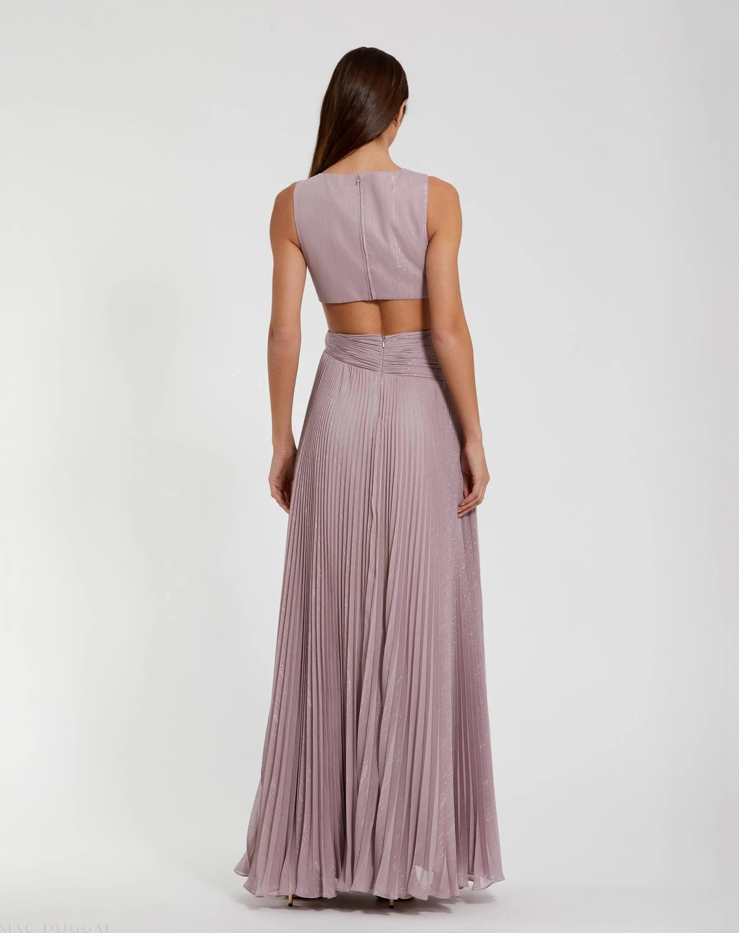 V neck cutout pleated floral slit prom gown