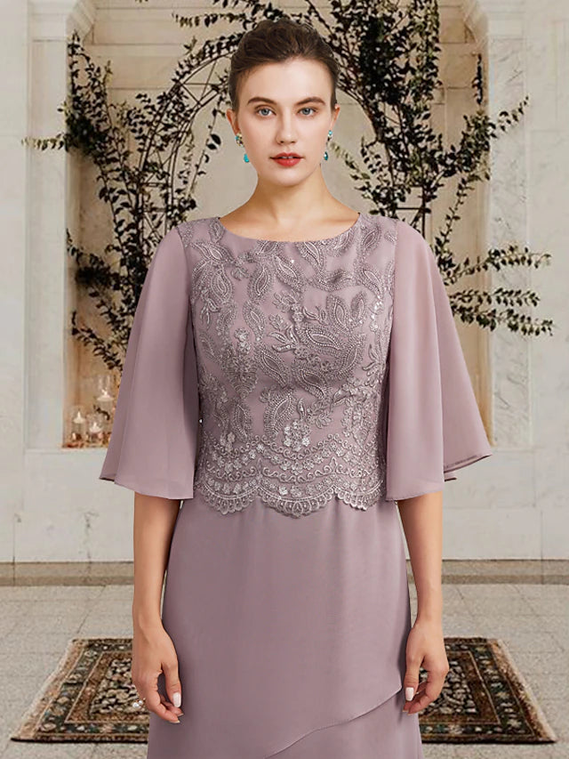 Sheath / Column Mother of the Bride Dress Plus Size Elegant Jewel Neck Floor Length Chiffon Lace Short Sleeve with Ruffles Appliques
