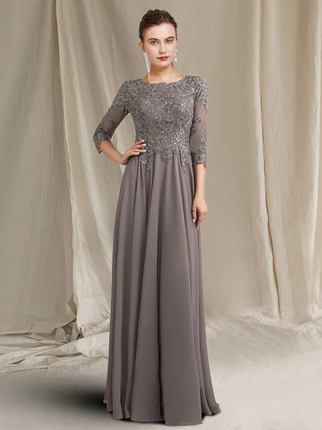 Sheath / Column Mother of the Bride Dress Plus Size Elegant Jewel Neck Floor Length Chiffon Lace 3/4 Length Sleeve with Pleats Appliques