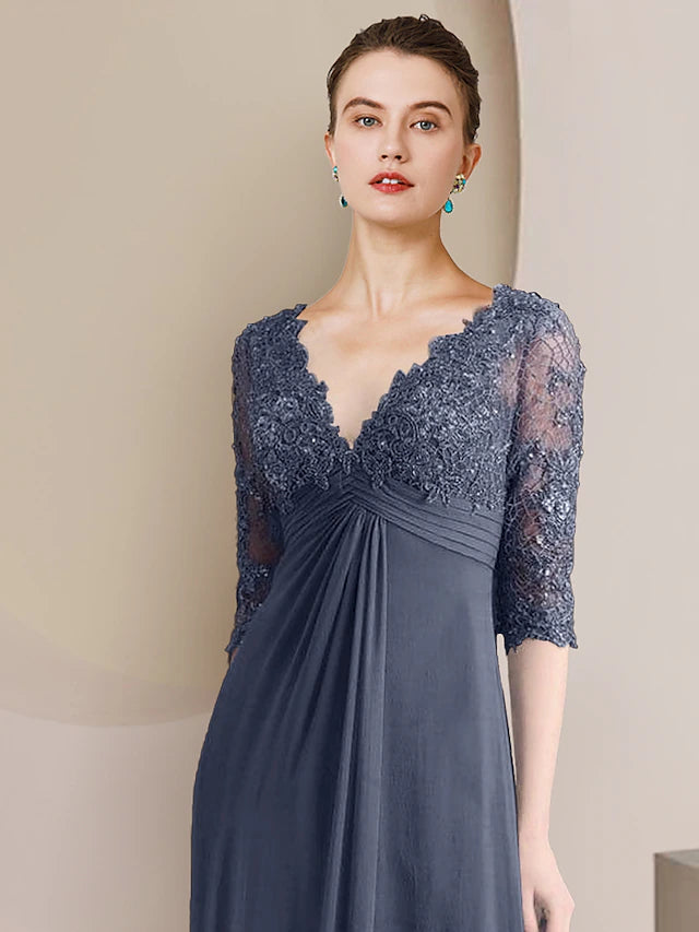 A-Line Mother of the Bride Dress Formal Elegant V Neck Court Train Chiffon Lace Half Sleeve with Ruched Appliques