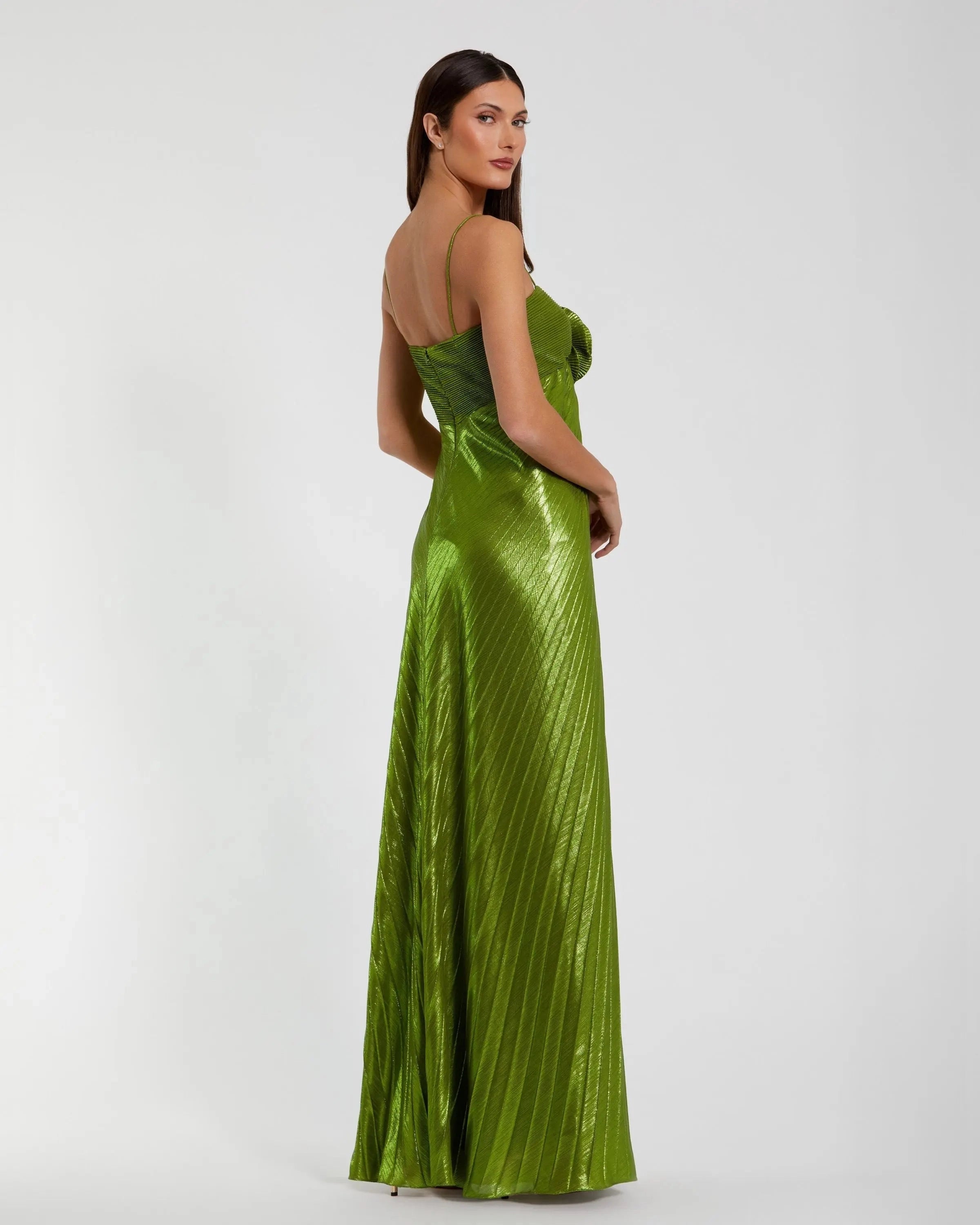 Spaghetti strap metallic green pleated 3d flower prom gown