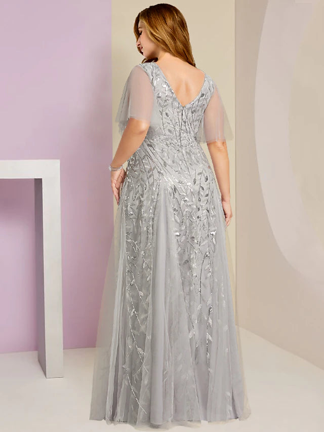 Plus Size Curve Mother of the Bride Dress Party Sparkle & Shine V Neck Floor Length Lace Tulle Short Sleeve with Pleats Sequin