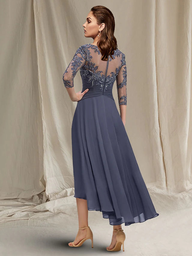 A-Line Mother of the Bride Dress Elegant High Low Jewel Neck Asymmetrical Tea Length Chiffon Lace Short Sleeve Wrap Included with Ruched Sequin Appliques