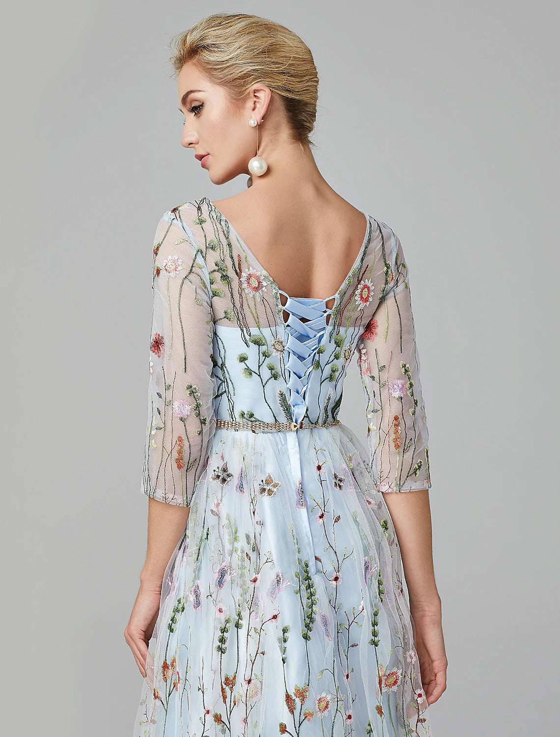 A-Line Evening Gown Floral Dress Holiday Wedding Guest Floor Length 3/4 Length Sleeve Illusion Neck Lace with Embroidery