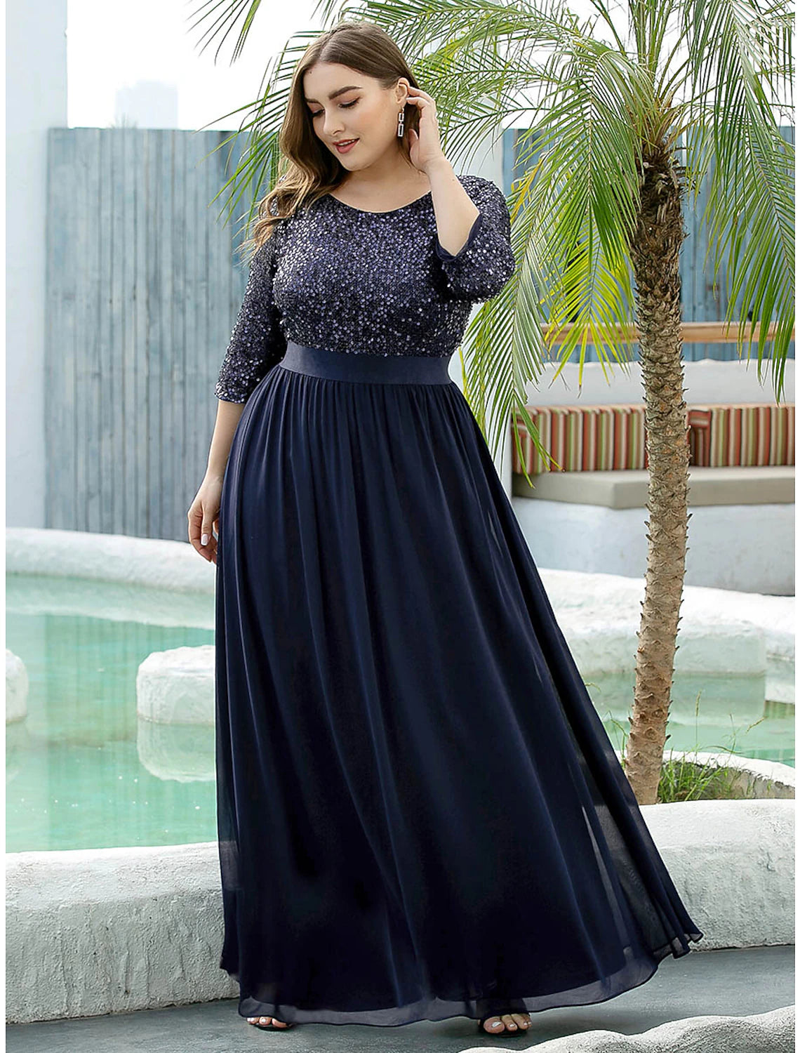 A-Line Mother of the Bride Dress Plus Size Elegant Jewel Neck Floor Length Tulle Sequined 3/4 Length Sleeve with Sequin