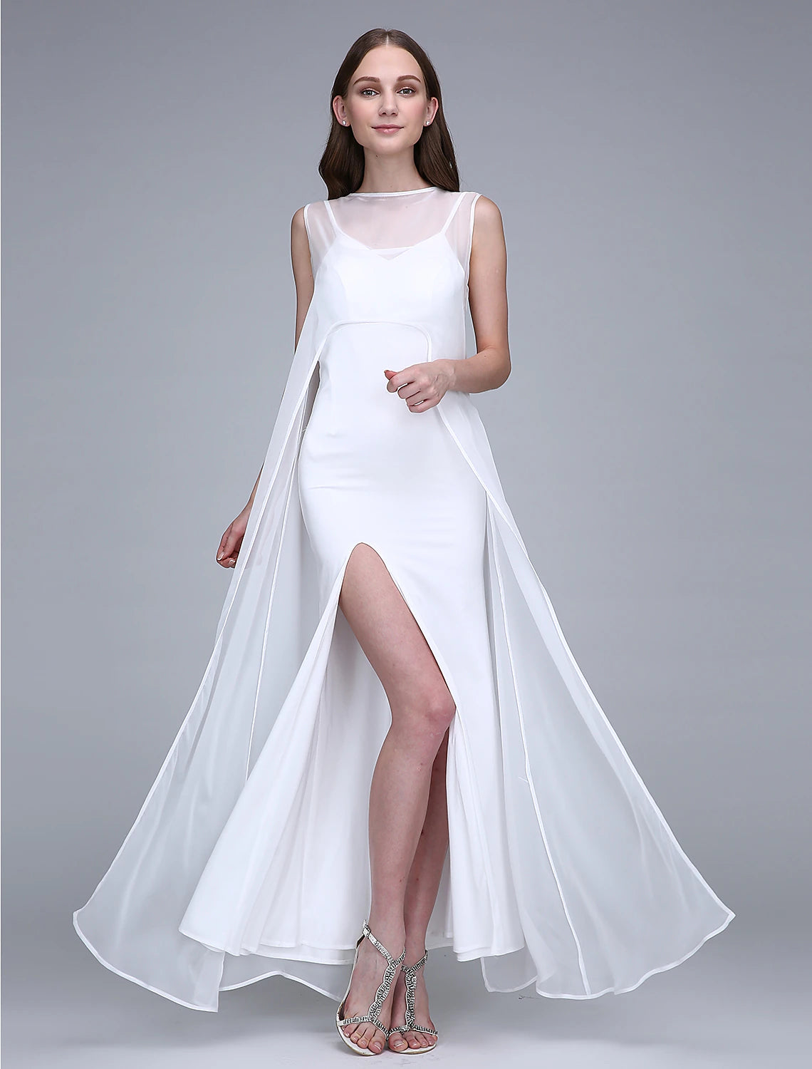 Etuikleid/Säulenkleid für die Brautjungfer, U-Boot-Ausschnitt, ärmellos, offener Rücken, knöchellang, Chiffon/Jersey mit Schlitz vorne