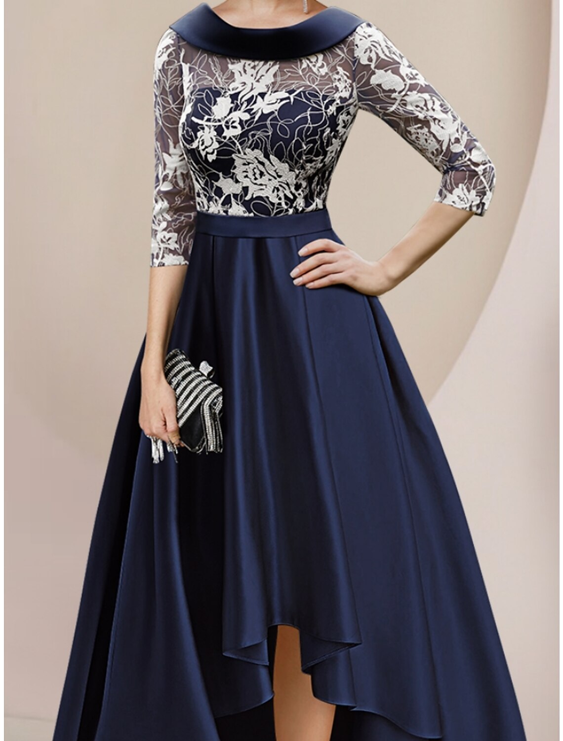 A-Line Mother of the Bride Dress Wedding Guest Elegant Scoop Neck Asymmetrical Ankle Length Satin Lace Half Sleeve with Ruching