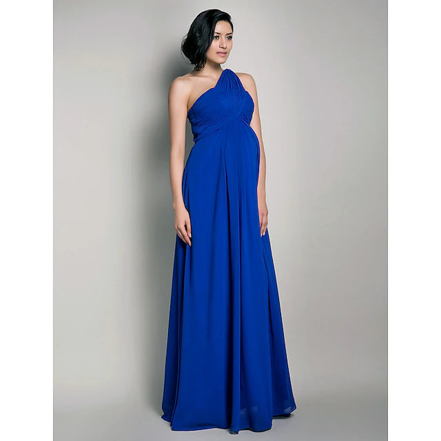 Etuikleid/Spaltenkleid für die Brautjungfer, eine Schulter, ärmellos, für Schwangere, Watteau-Schleppe/bodenlang, Chiffon mit überkreuzten/übereinander liegenden Ärmeln