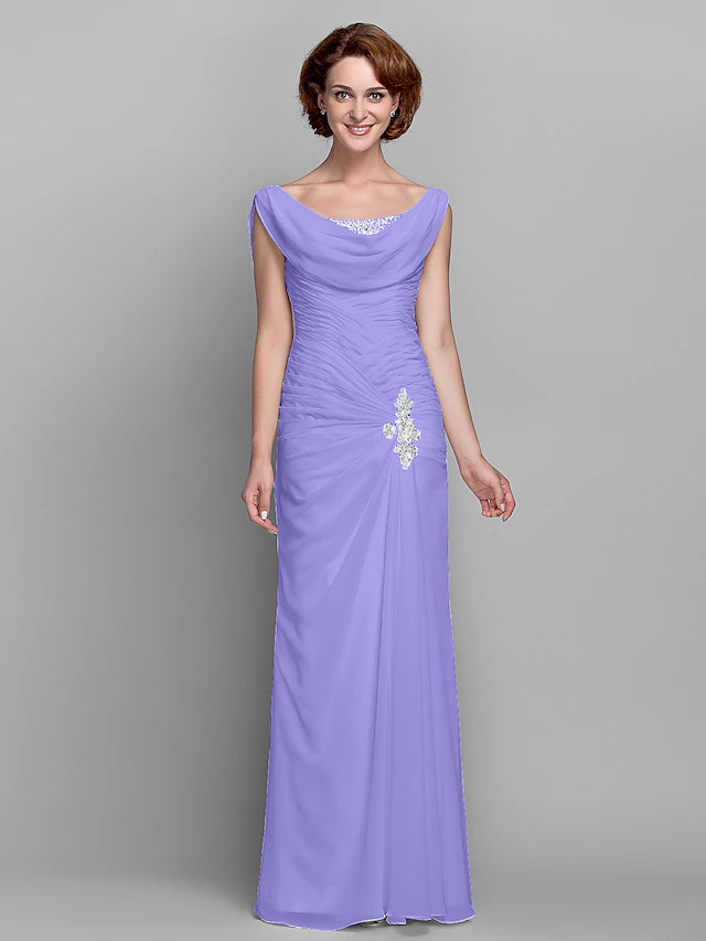 Sheath / Column Mother of the Bride Dress Vintage Inspired Cowl Neck Floor Length Chiffon Sleeveless with Buttons Criss Cross Crystals