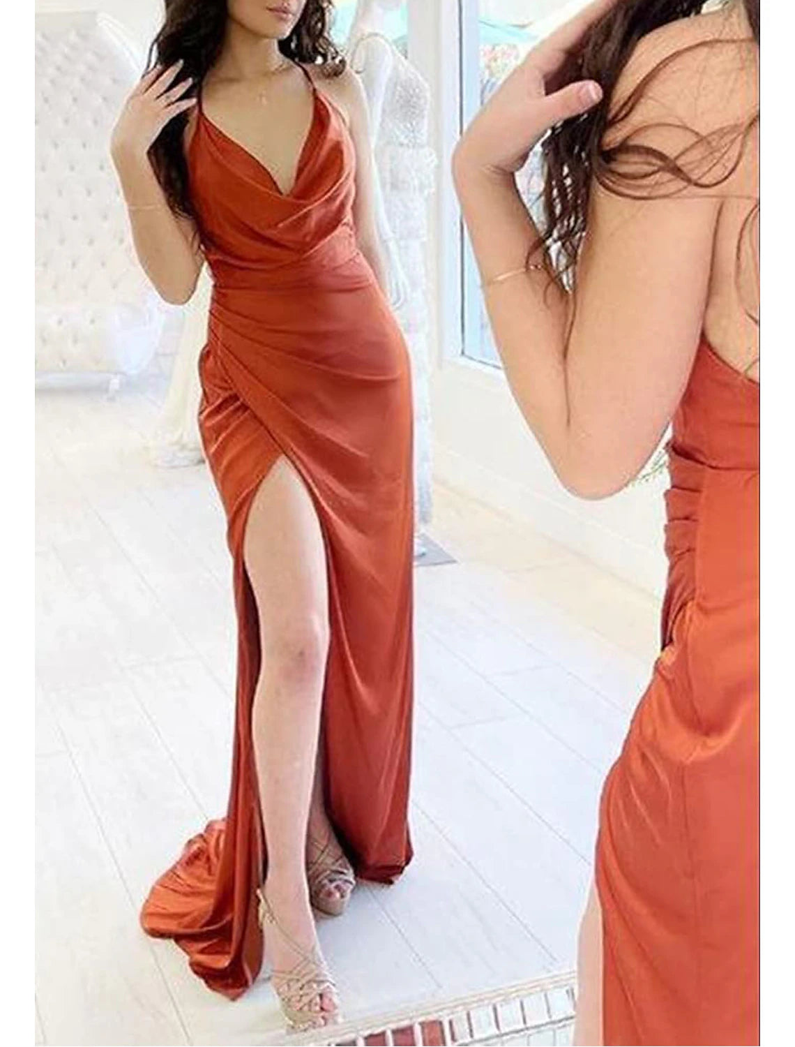 Meerjungfrau/Trompete Brautjungfernkleid V-Ausschnitt Wasserfallausschnitt Spaghettiträger Ärmellos Vintage Bodenlang Imitierte Seide mit Falten/Vorderseite geschlitzt