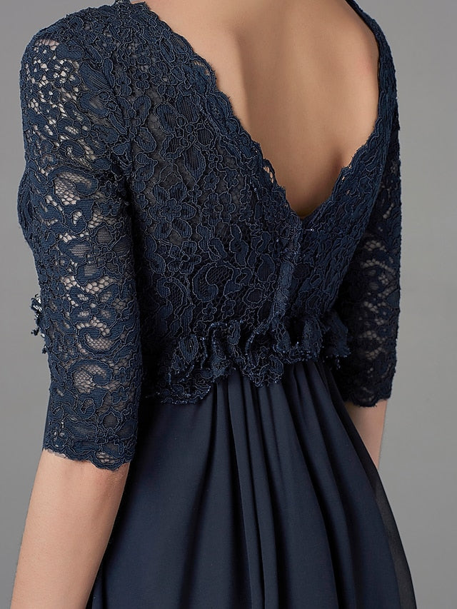 A-Line Mother of the Bride Dress Elegant & Luxurious V Neck Floor Length Chiffon Lace Half Sleeve with Lace Bow(s)