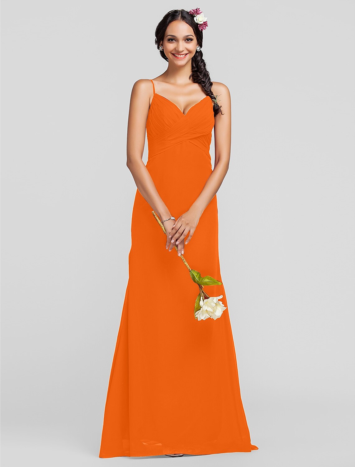 Etui-/Säulen-Brautjungfernkleid mit Spaghettiträgern und bodenlangem Chiffon-Kleid