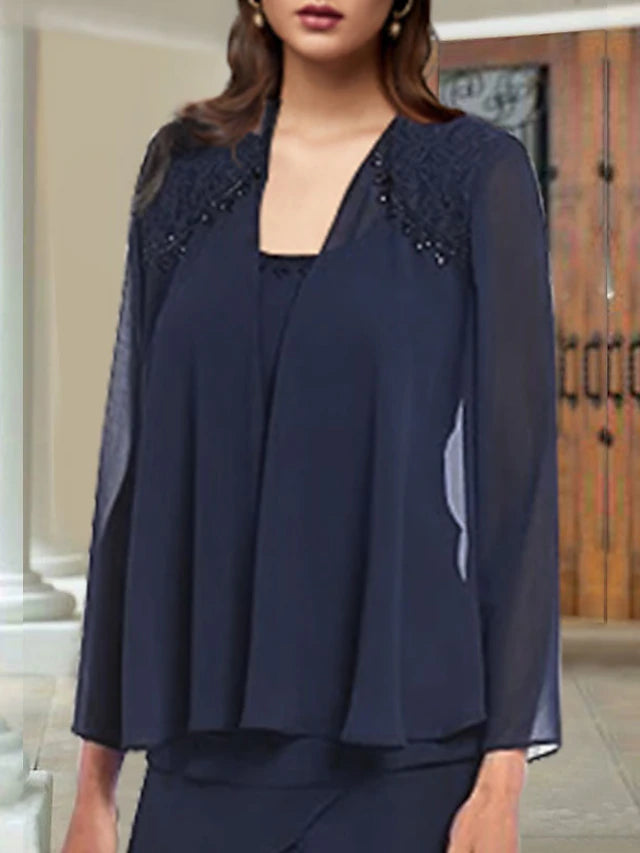 Two Piece Sheath / Column Mother of the Bride Dress Elegant Scoop Neck Knee Length Chiffon Lace Sleeveless Wrap Included with Beading Ruffles