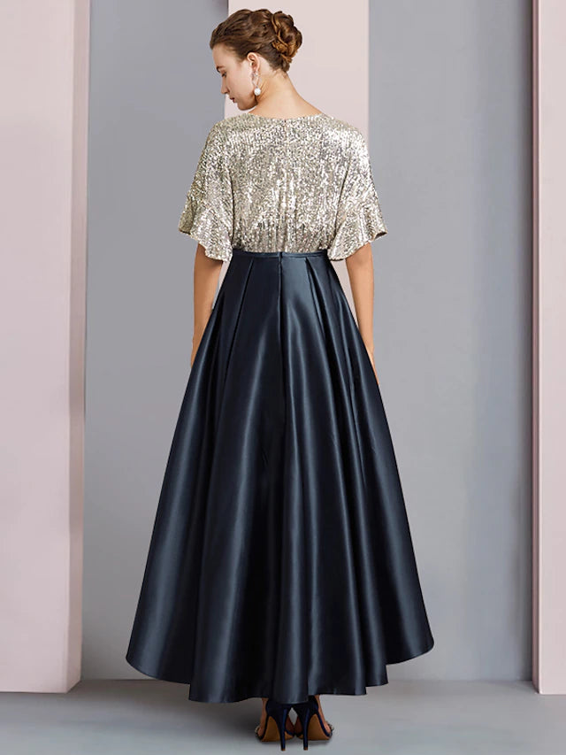 A-Line Mother of the Bride Dress Wedding Guest Elegant Sparkle & Shine High Low V Neck Asymmetrical Tea Length Satin Sequined Short Sleeve with Pleats