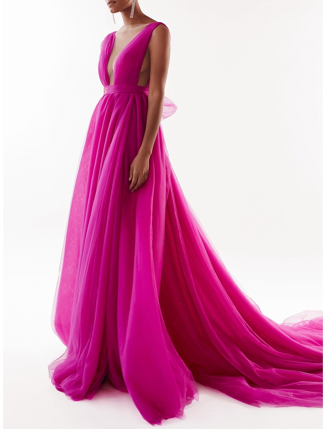 A-Line Evening Gown Beautiful Back Dress Engagement Court Train Sleeveless V Neck Tulle with Bow(s) Pleats