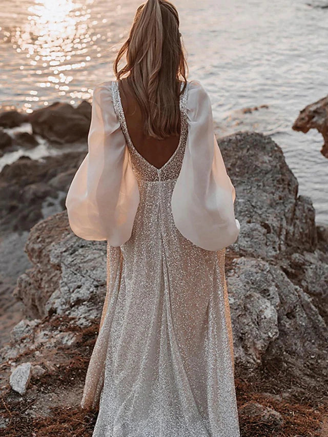 Beach Open Back Boho Wedding Dresses Sweep / Brush Train A-Line Long Sleeve V Neck Sequined With Pleats