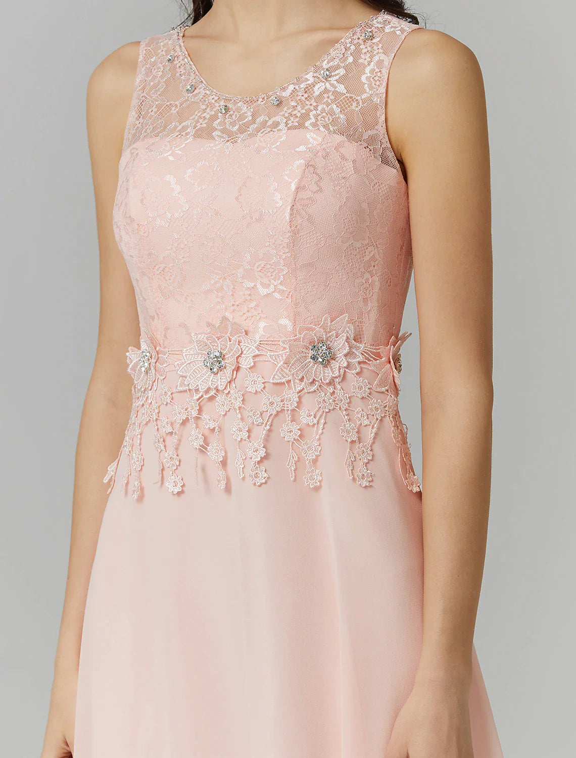 A-Linie Empire-Kleid Valentinstag Hochzeitsgast Bodenlang Ärmellos Illusionsausschnitt Brautjungfernkleid Chiffon mit Perlenapplikationen