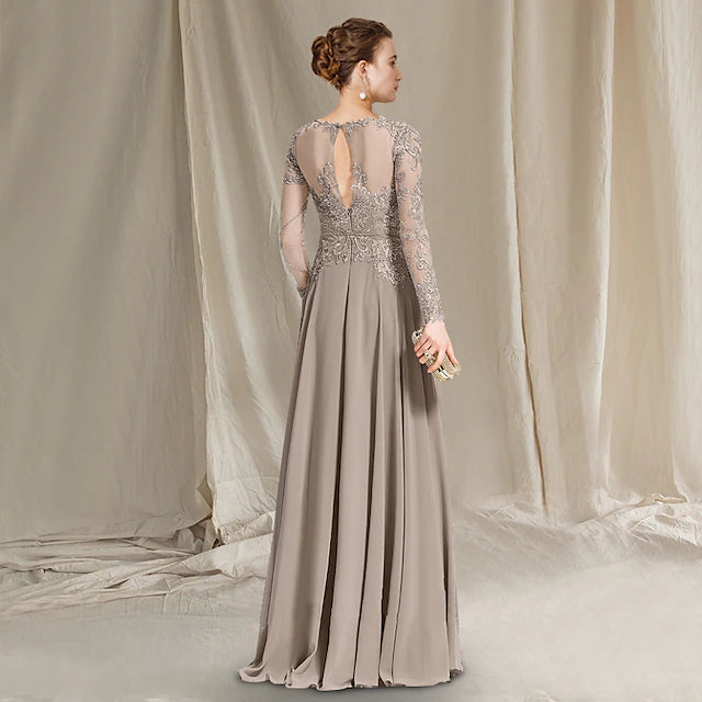 A-Line Mother of the Bride Dress Luxurious Elegant Jewel Neck Floor Length Chiffon Lace Long Sleeve with Pleats Appliques