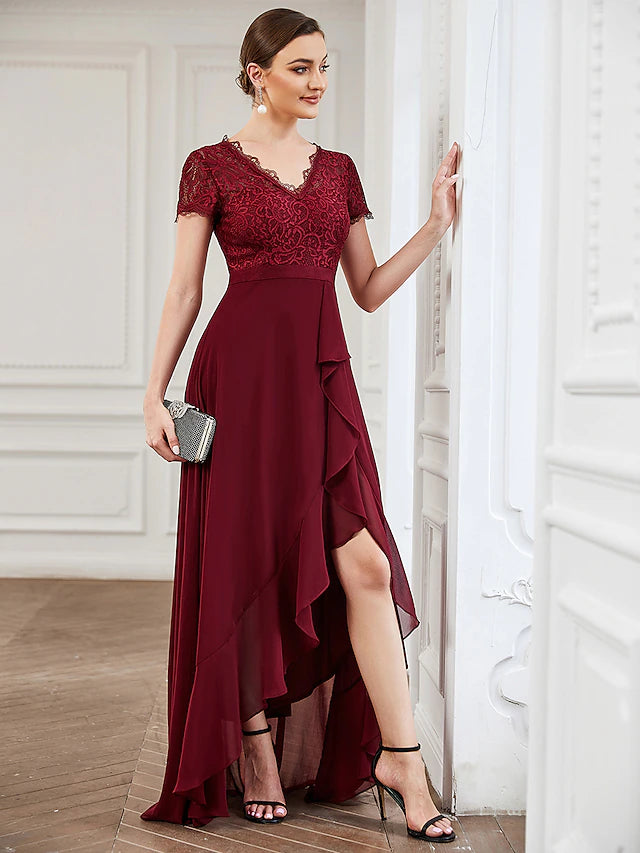 A-Line Cocktail Dresses Minimalist Dress Wedding Party Asymmetrical Short Sleeve V Neck Lace with Slit