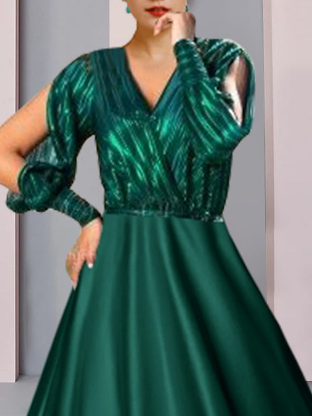 A-Line Mother of the Bride Dress Formal Wedding Guest Party Sparkle & Shine V Neck Tea Length Satin Charmeuse Half Sleeve with Pleats