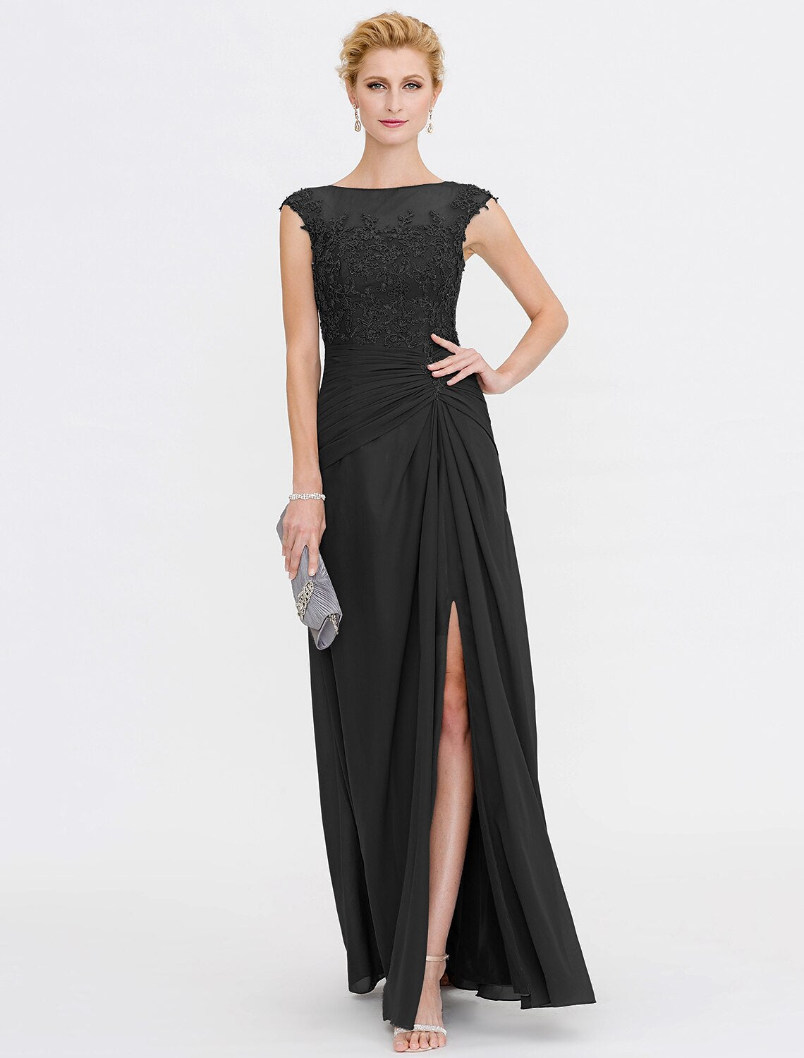 A-Linie Kleid für die Brautmutter, Hochzeitsgast, elegant, durchsichtig, Bateau-Ausschnitt, bodenlang, Chiffon, Spitze, ärmellos, mit seitlicher Drapierung