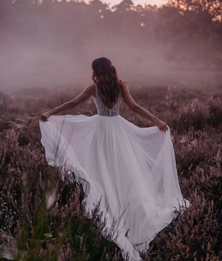 A-line Boho V-neck Chiffon Tulle Glitter Open Back Long Wedding Dress