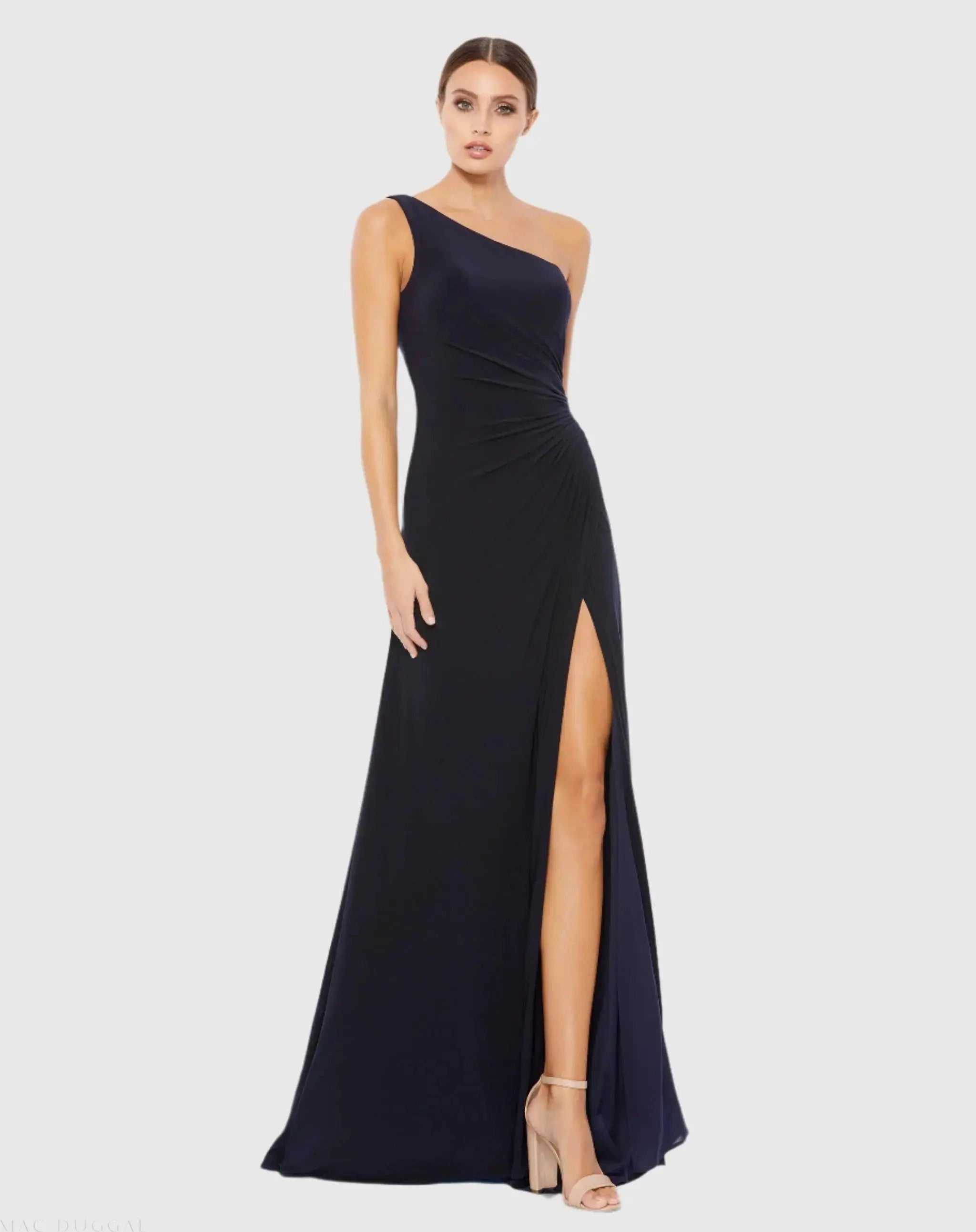 One shoulder ruched high slit sheath prom gown
