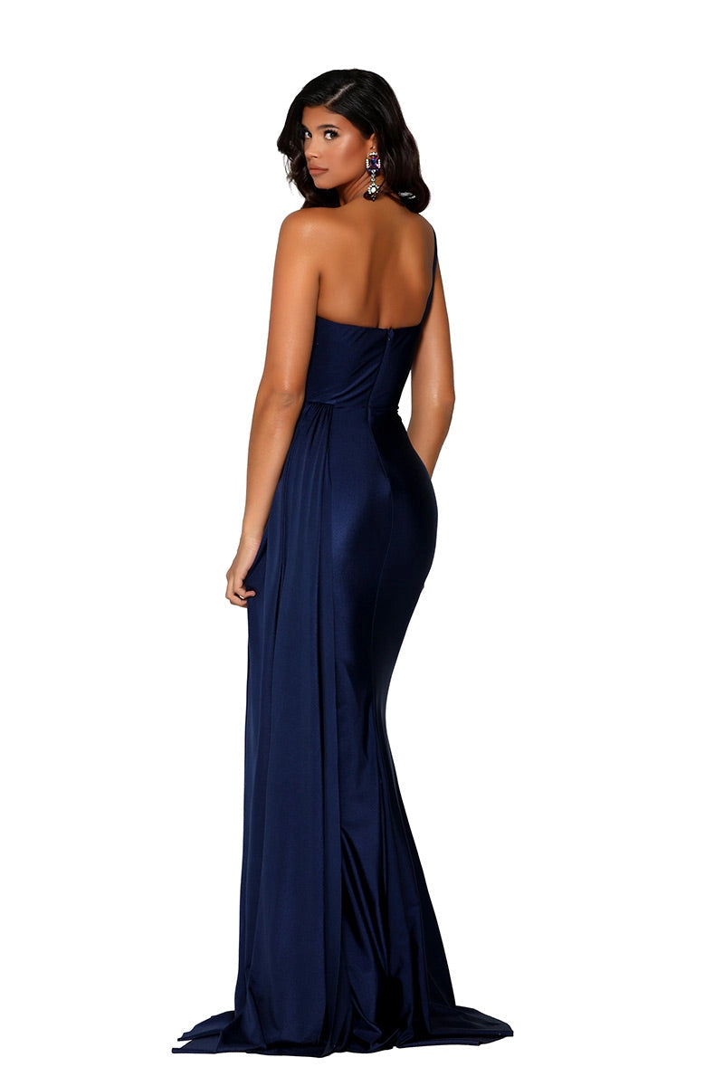 Navy One Shoulder Satin Mermaid Prom Dress