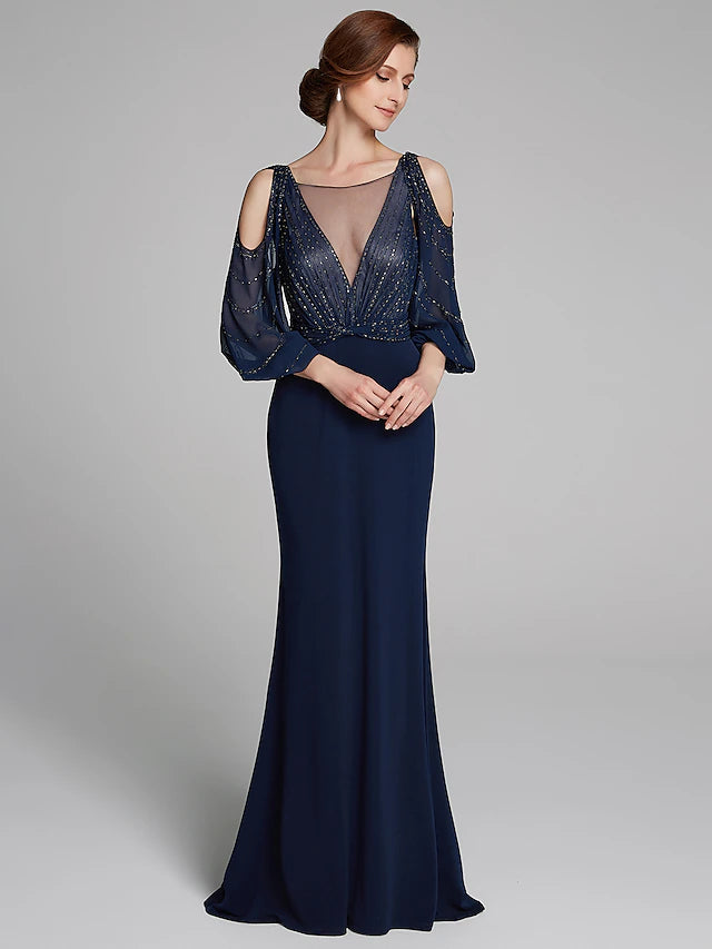 Sheath / Column Mother of the Bride Dress Sparkle & Shine Boat Neck Floor Length Chiffon Jersey Long Sleeve No with Beading Ruching