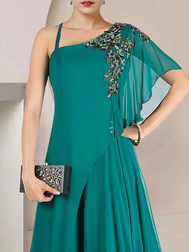 A-Line Mother of the Bride Dress Formal Wedding Guest Elegant One Shoulder Floor Length Chiffon Sleeveless with Pleats Appliques