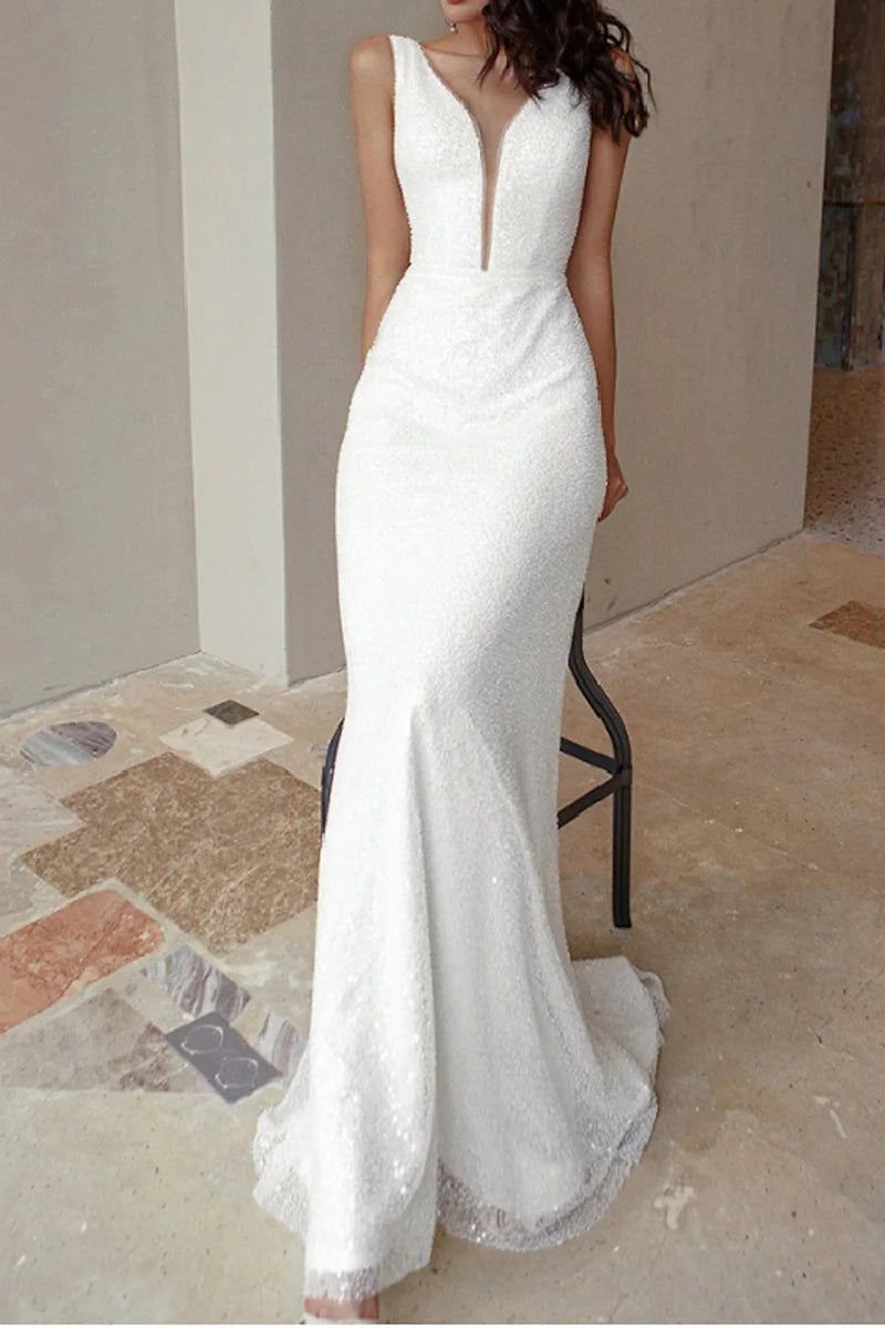 Engagement Sleeveless V Neck Sparkle & Shine Formal Wedding Dresses