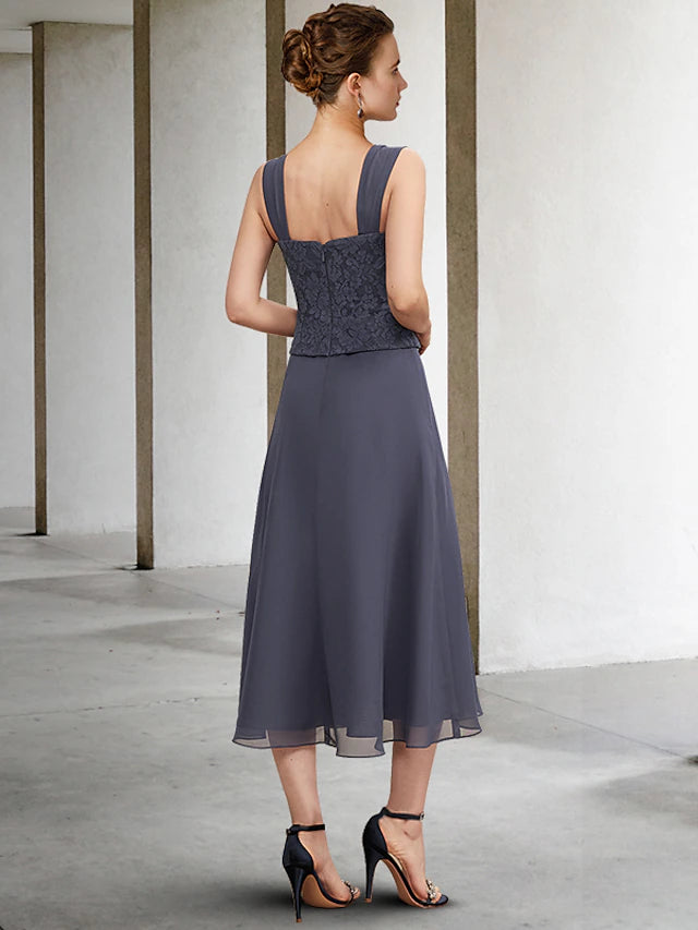 A-Line 3 Piece Mother of the Bride Dress Plus Size Elegant Square Neck Tea Length Chiffon Lace Sleeveless Wrap Included Jacket Dresses with Crystals Ruffles