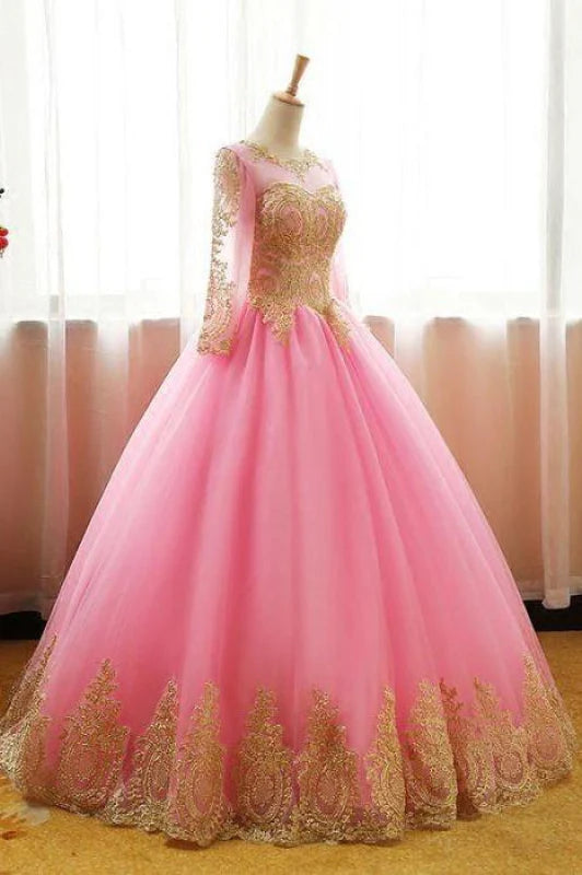 Ball Gown Tulle Prom Appliques Long Sleeves Quinceanera Dress